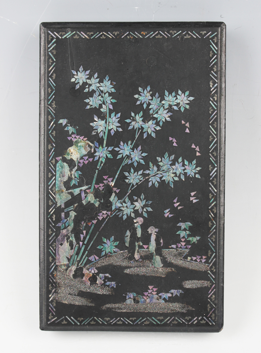 A Chinese laque burgauté rectangular box and cover, Qing dynasty, the top inlaid with two figures