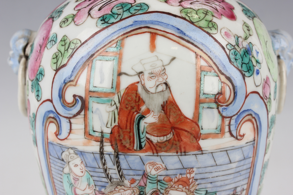 A Chinese Canton famille rose porcelain vase and cover, late 19th century, the baluster body painted - Image 14 of 20