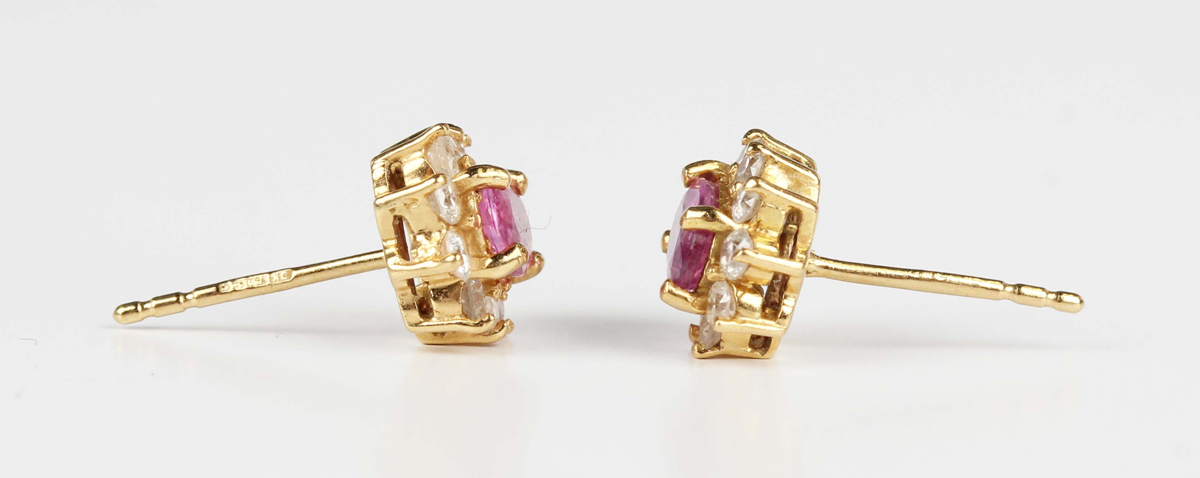 A pair of 18ct gold, pink sapphire and diamond oval cluster earstuds, each claw set with the oval - Image 2 of 2