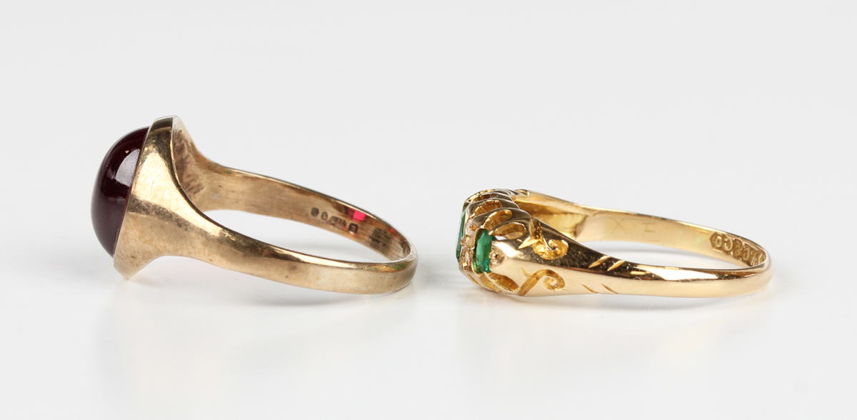 An 18ct gold, diamond and green paste set ring, Birmingham 1911, weight 2.4g, ring size approx O1/2, - Image 3 of 4