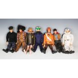 Seven Palitoy Action Man figures, comprising first-type ski patrol, cowboy, helicopter pilot,