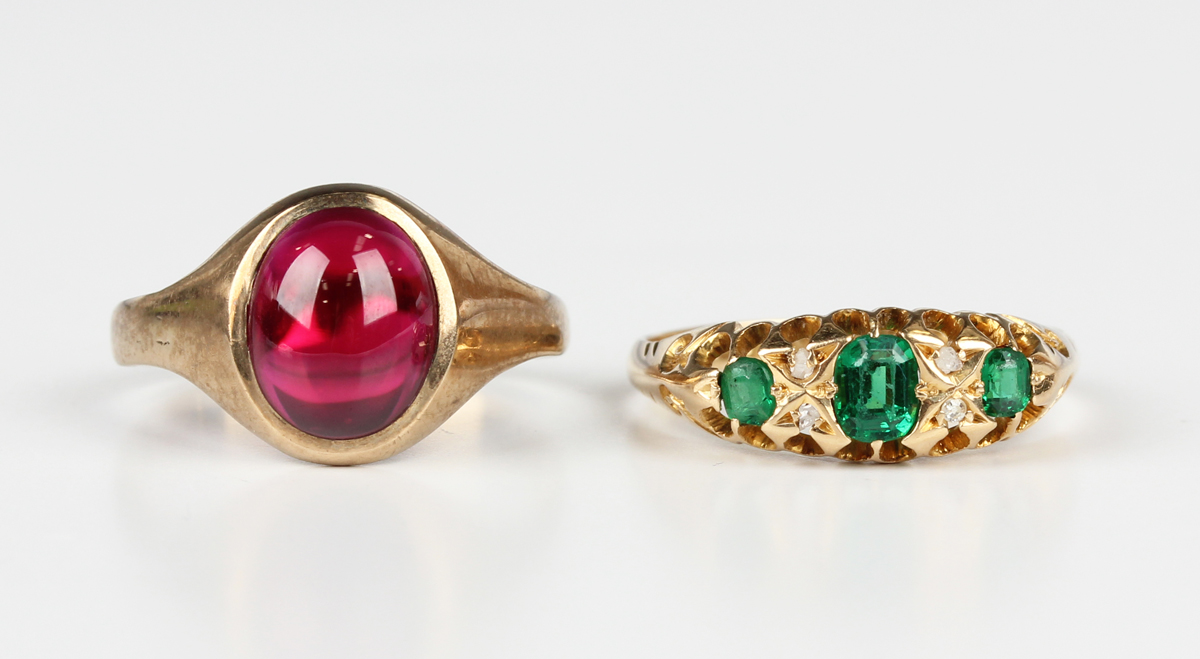 An 18ct gold, diamond and green paste set ring, Birmingham 1911, weight 2.4g, ring size approx O1/2, - Image 4 of 4