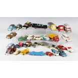 A collection of playworn diecast vehicles, including Dinky Toys Volkswagen Beetle, Corgi Toys No.