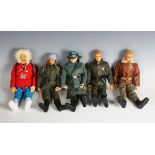 Five Palitoy Action Man figures, all flock-haired, comprising tank commander, German officer, German