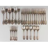A Victorian part canteen of silver Fiddle pattern cutlery, comprising six tablespoons, nine table