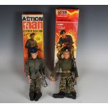 A Palitoy Action Man Action Soldier flock-haired figure wearing green military uniform, blue beret