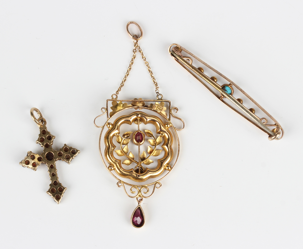 An Edwardian gold, garnet and gem set pendant, detailed '9ct', length 6.4cm, a 9ct gold and garnet - Image 2 of 2