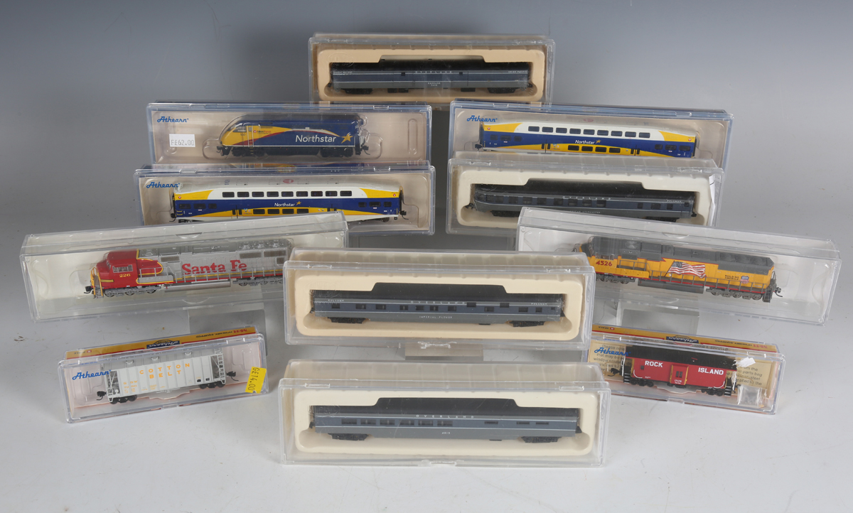 A collection of American gauge N locomotives, goods rolling stock and coaches, including Athearn No.