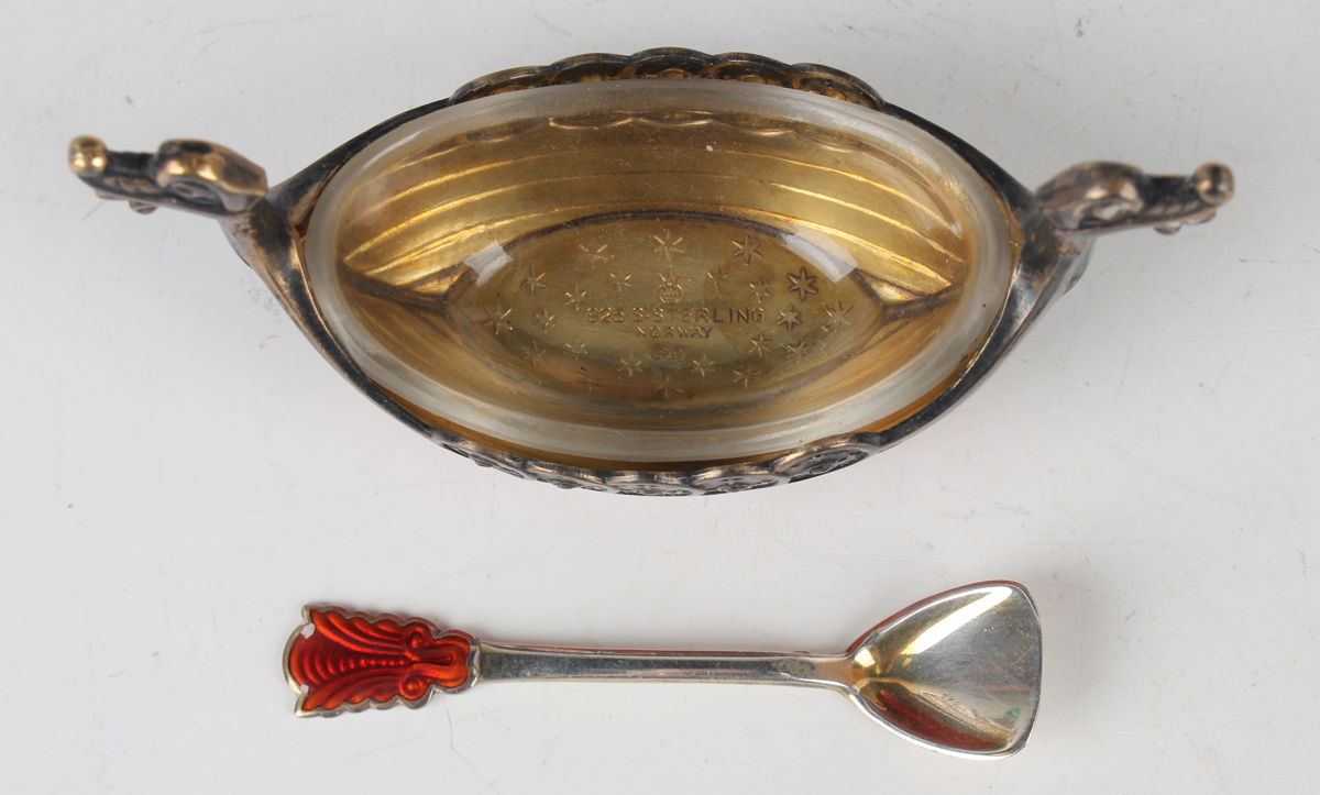 A pair of 20th century Norwegian sterling silver and enamelled longboat salts and spoons, one - Image 7 of 8