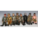 Eight Palitoy Action Man figures, comprising jungle fighter, Tommy, SAS commando, talking commander,