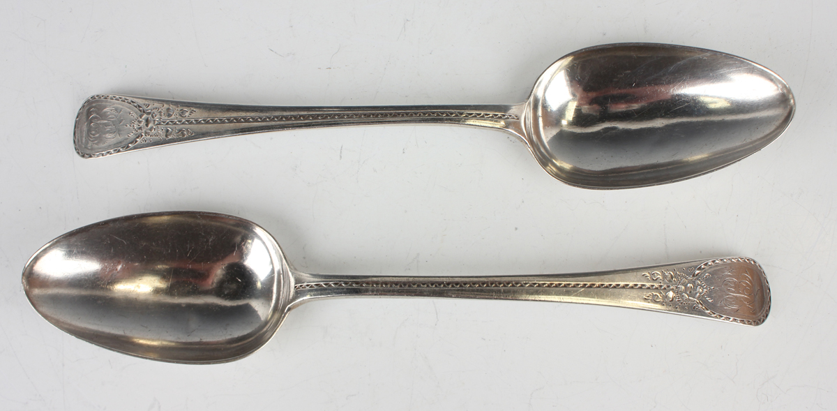 A pair of George III silver Old English pattern bright-cut engraved tablespoons, London 1785 by - Image 7 of 7