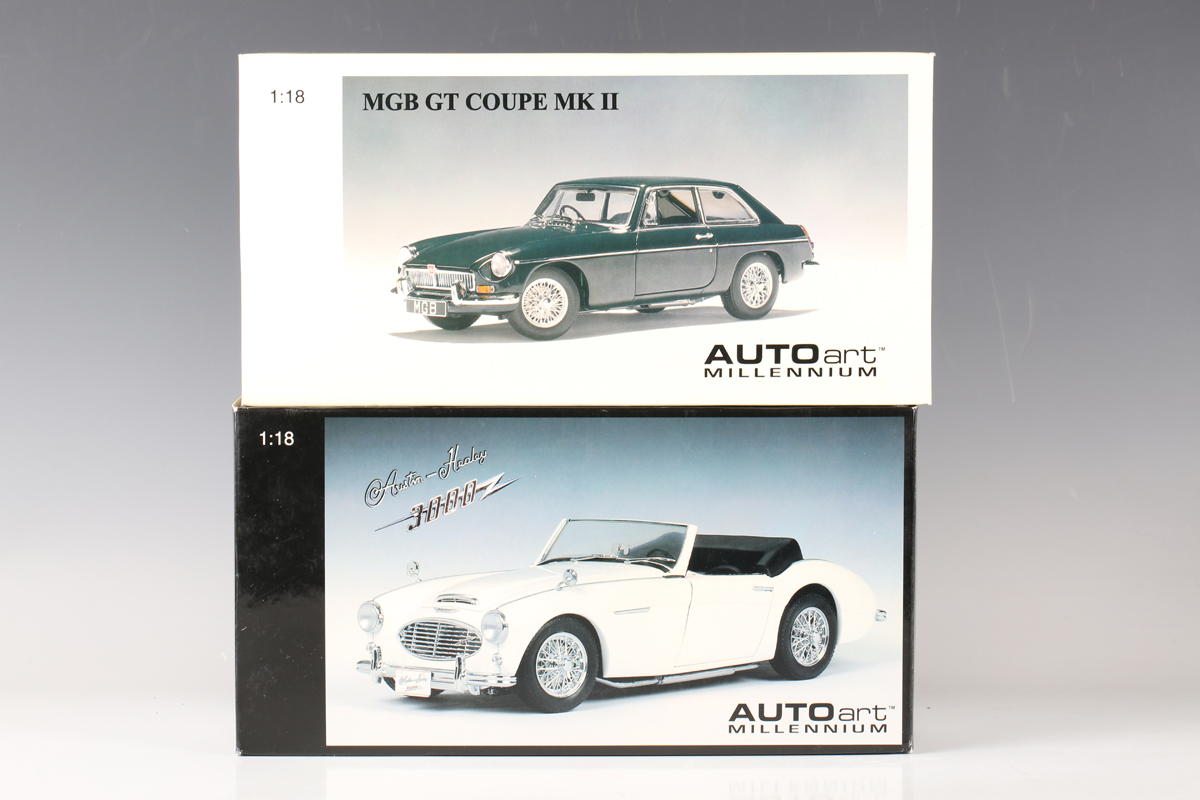 Two AutoArt 1:18 scale model cars, comprising Austin Healey 3000 and MGB GT Coupe MKII, both boxed - Image 4 of 22
