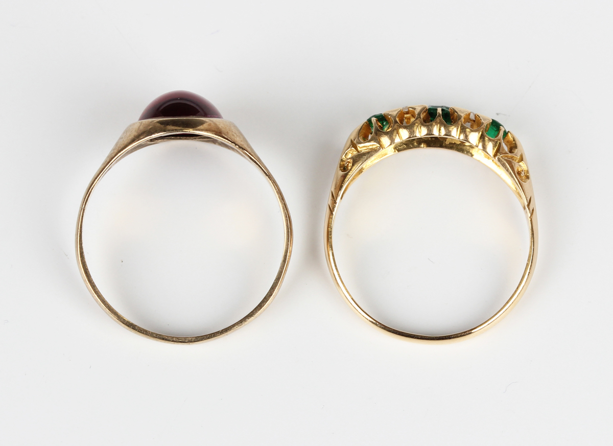 An 18ct gold, diamond and green paste set ring, Birmingham 1911, weight 2.4g, ring size approx O1/2, - Image 2 of 4