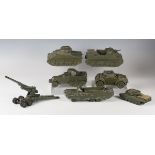 Seven diecast Second World War military vehicles, including Sherman tank, armoured car half-track,