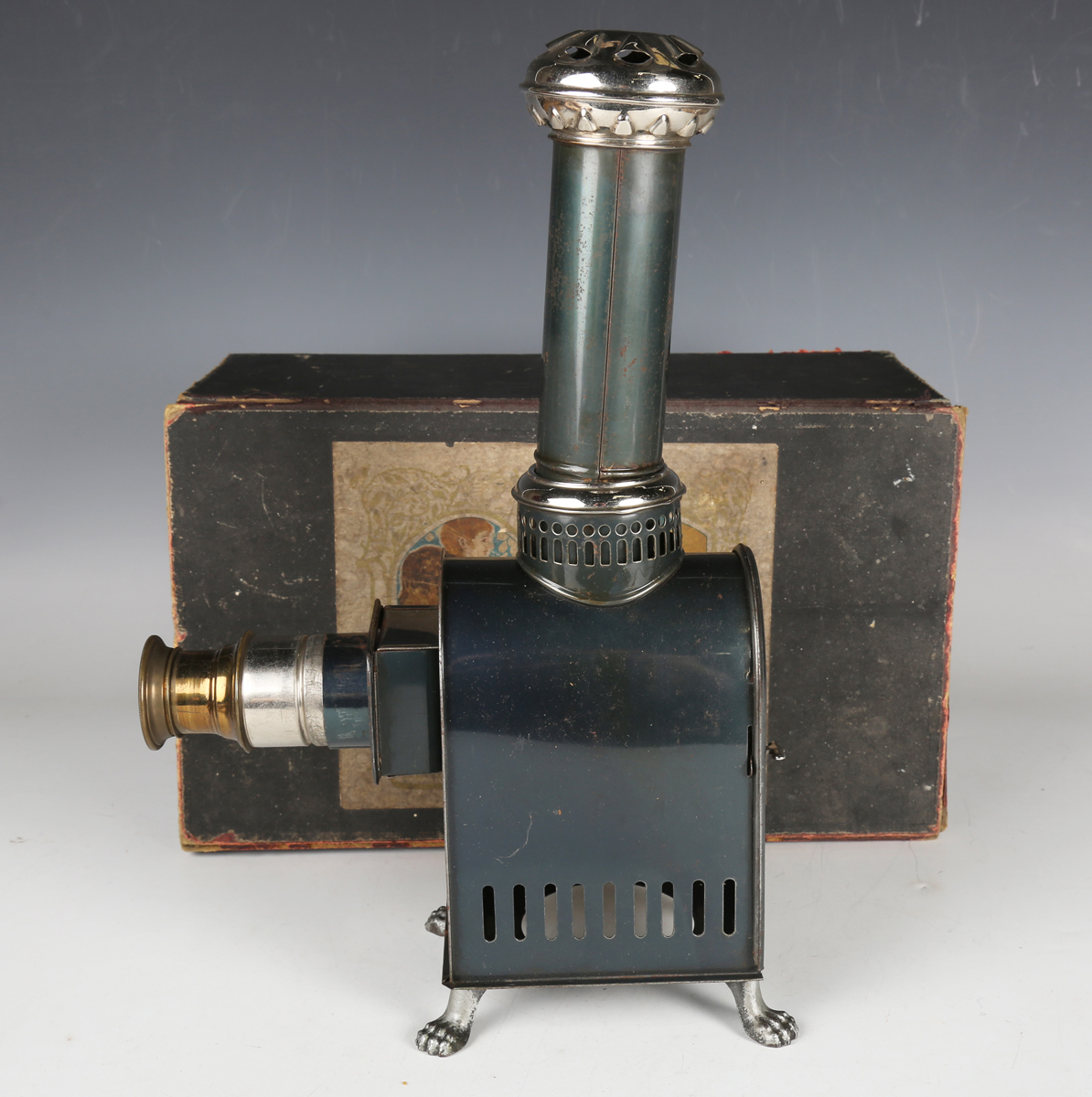 A Gebrüder Bing tinplate magic lantern with ten slides, boxed with chimney and lens (lacking burner, - Image 8 of 10