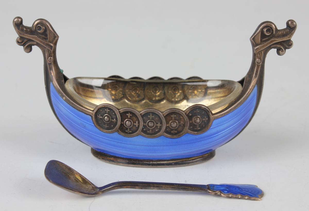 A pair of 20th century Norwegian sterling silver and enamelled longboat salts and spoons, one - Image 5 of 8