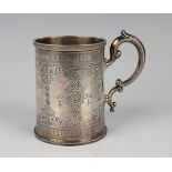 A Victorian silver cylindrical christening tankard with engraved decoration and inscription
