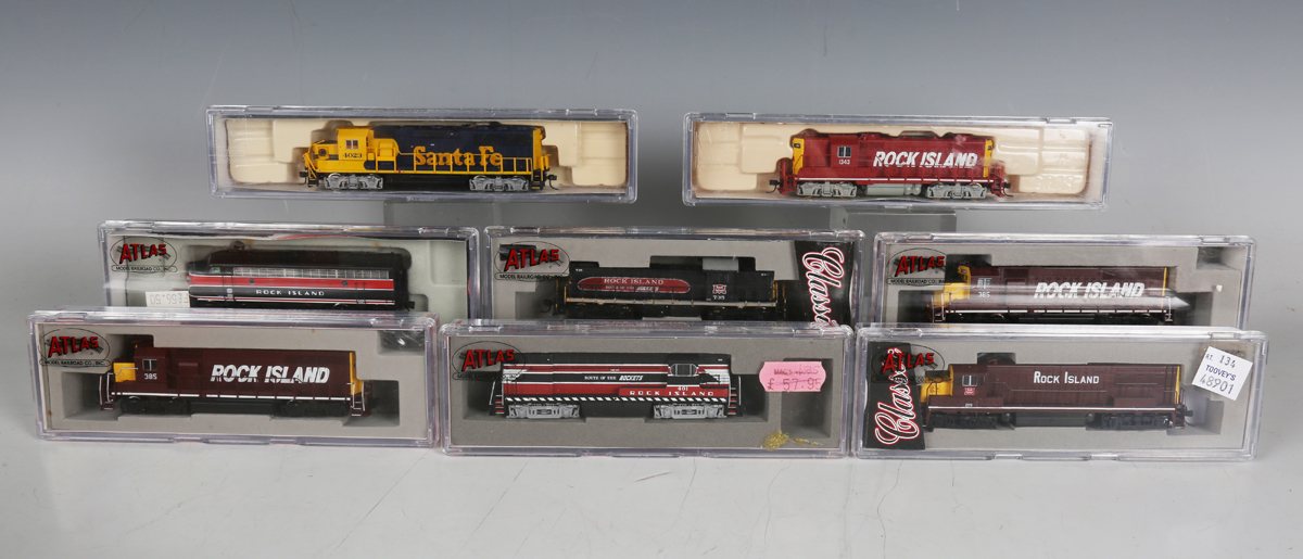 Six American Atlas Model Railroad gauge N 'Rock Island' locomotives, comprising No. 48585 GP-40 385,