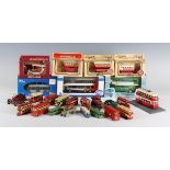 A collection of Matchbox buses and other vehicles, including 1-75, Models of Yesteryear and