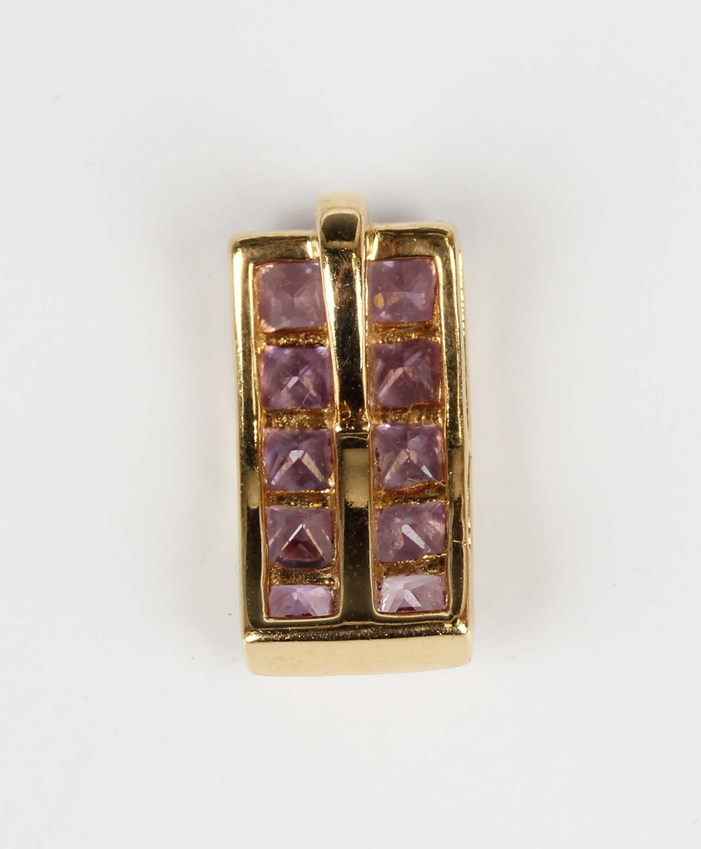 An 18ct gold and pink sapphire pendant, mounted with two rows of five square cut pink sapphires, - Image 2 of 3