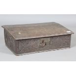 A 17th century oak sloped top bible box, width 60cm, depth 37cm (alterations). Provenance: from