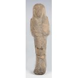 An Egyptian pottery shabti, the mummiform figure modelled with tripartite wig and crossed hands,