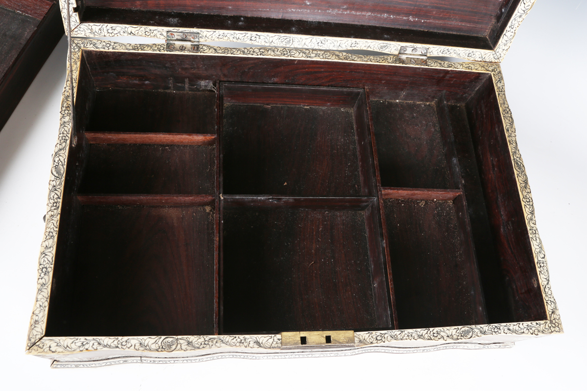 A late 18th century Indo-Portuguese hardwood and ivory inlaid workbox, the serpentine shaped lid - Image 2 of 16