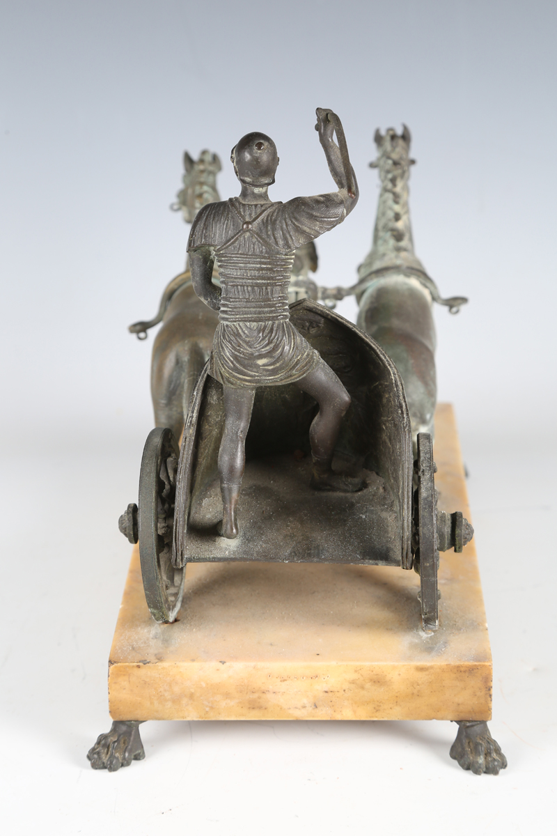A late 19th century patinated cast bronze model depicting a Roman horse-drawn chariot above a - Image 3 of 17