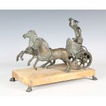 A late 19th century patinated cast bronze model depicting a Roman horse-drawn chariot above a