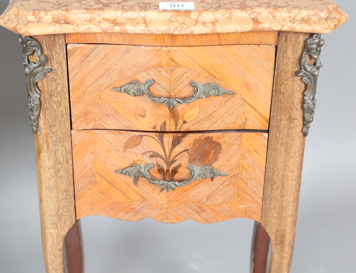 A pair of late 20th century French kingwood bedside chests with inlaid decoration, the marble tops - Image 9 of 10