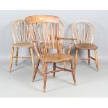 A group of three 19th century ash and elm Windsor chairs, height 85cm, width 38cm, together with a