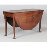 A George II mahogany oval drop-leaf supper table, raised on pad feet, height 71cm, depth 122cm.