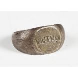 A Roman silver Victrix ring with inscribed oval bezel, width 2cm (repaired).Buyer’s Premium 29.4% (