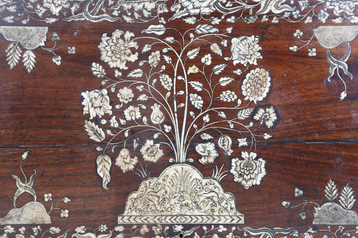 A late 18th century Indo-Portuguese hardwood and ivory inlaid workbox, the serpentine shaped lid - Image 8 of 16