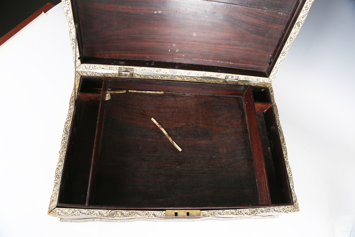 A late 18th century Indo-Portuguese hardwood and ivory inlaid workbox, the serpentine shaped lid - Image 12 of 16
