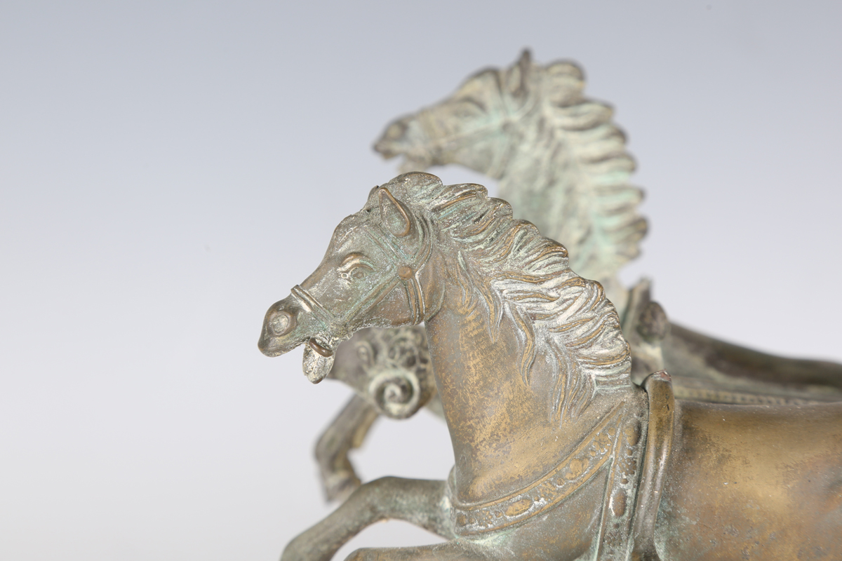 A late 19th century patinated cast bronze model depicting a Roman horse-drawn chariot above a - Image 13 of 17