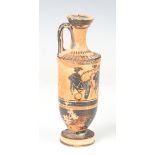 A Greek black glazed red figure lekythos, 6th century BC, the tapering ovoid body decorated with a