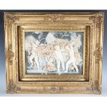 A modern reconstituted marble wall plaque, cast in relief with three playful putti, 29cm x 39cm,