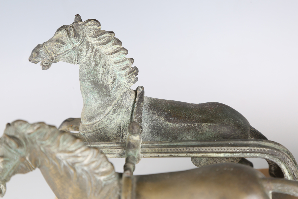A late 19th century patinated cast bronze model depicting a Roman horse-drawn chariot above a - Image 11 of 17