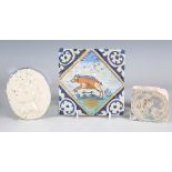 A small 18th century Continental tin glazed blue and white floor tile, detailed with a stylized