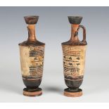 A pair of Greek lekythoi, each terracotta body with flared neck and loop handles above black bands