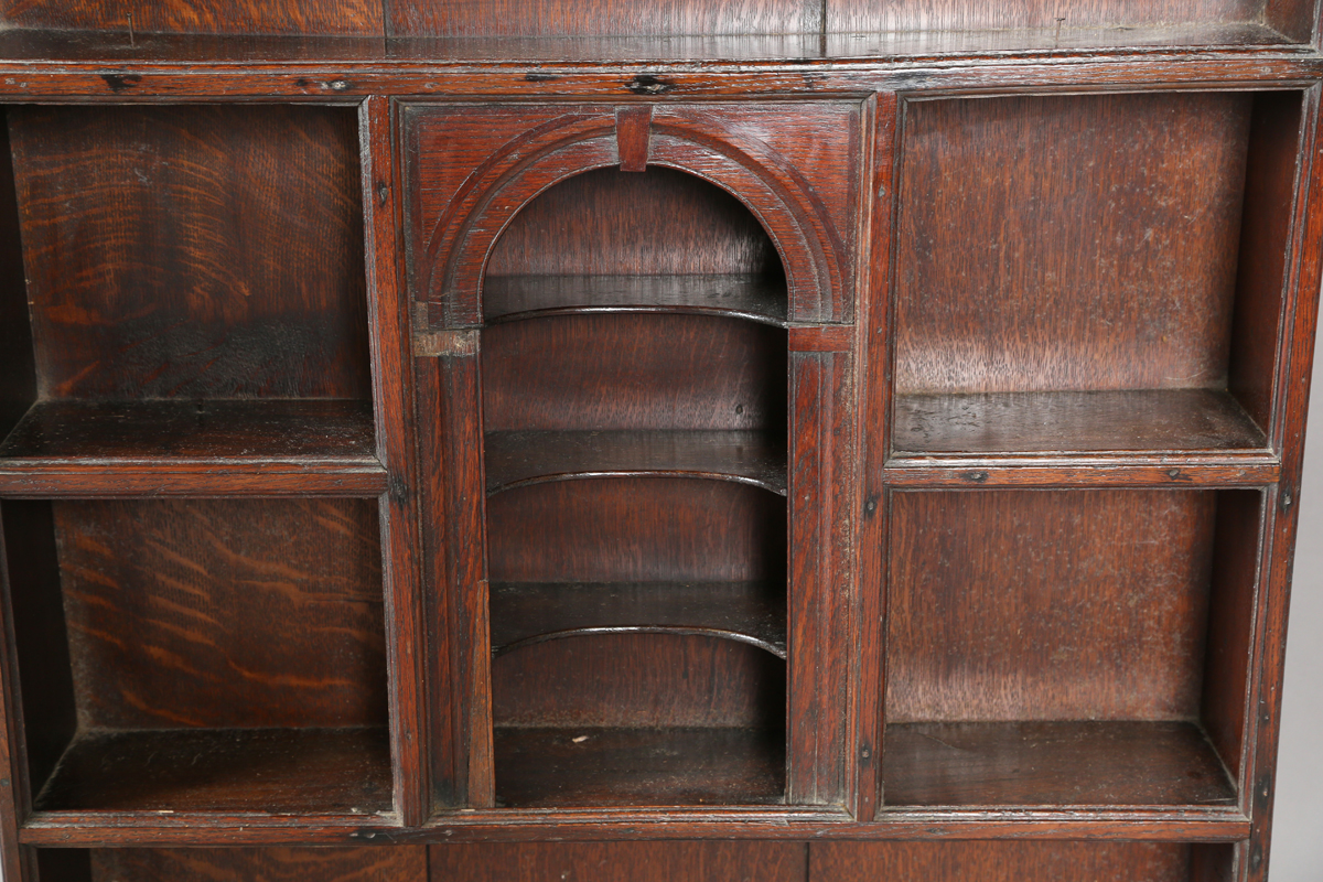 A 18th century and later provincial oak wall shelf with central arched niche, height 99cm, width - Image 4 of 5