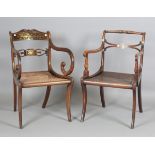 Two similar Regency elbow chairs, both with caned seats, one inlaid in brass, the other with pressed