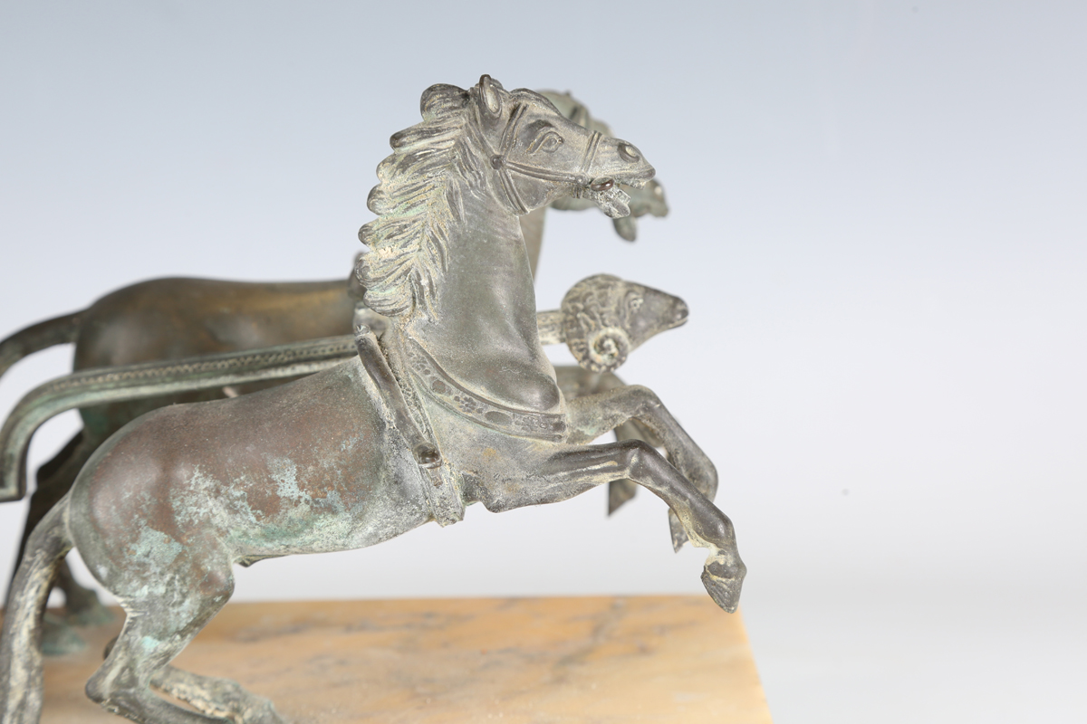 A late 19th century patinated cast bronze model depicting a Roman horse-drawn chariot above a - Image 6 of 17
