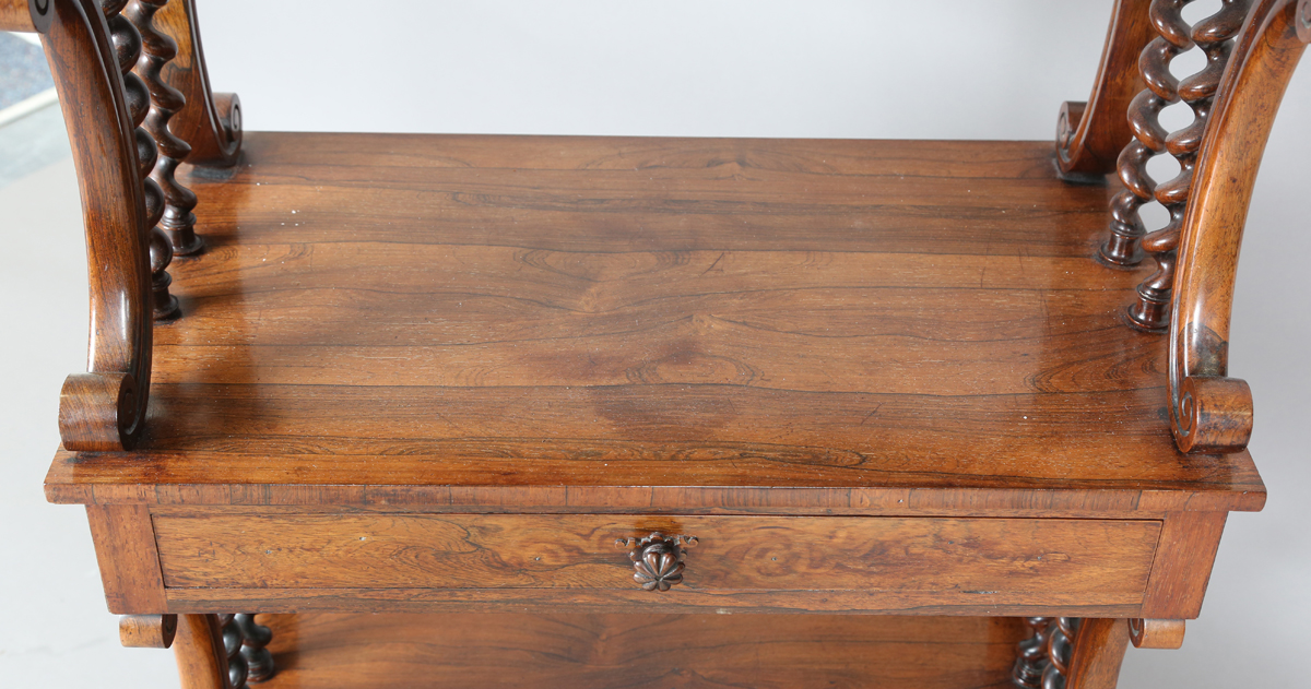 A mid-Victorian rosewood three-tier whatnot, fitted with a brass three-quarter gallery and a drawer, - Image 7 of 9