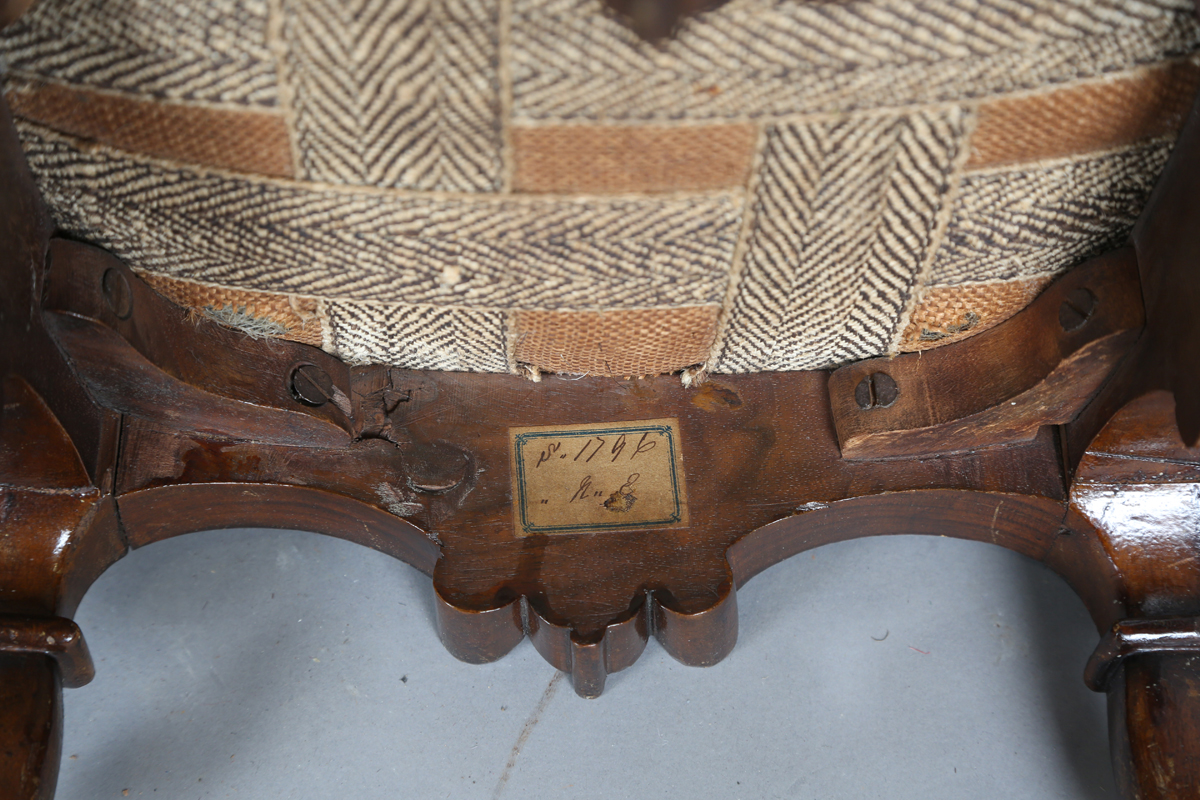 A pair of late Victorian walnut footstools, each with a needlework top, on carved legs, height 16cm, - Image 5 of 7