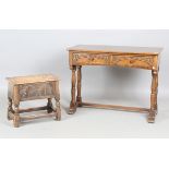 A 20th century Jacobean Revival oak side table, height 75cm, width 99cm, depth 46cm, together with a