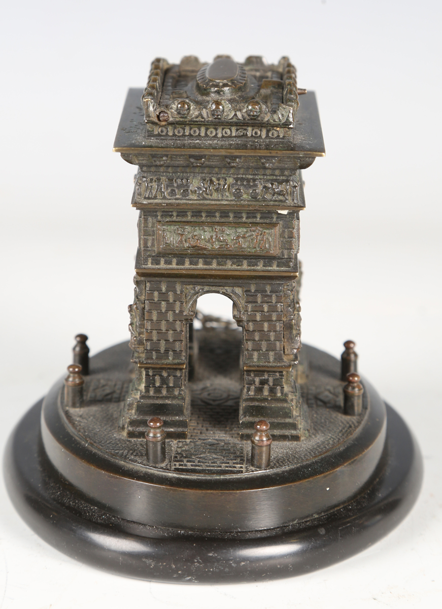 A late 19th/early 20th century brown patinated cast bronze model of the Arc de Triomphe, raised on - Image 4 of 9