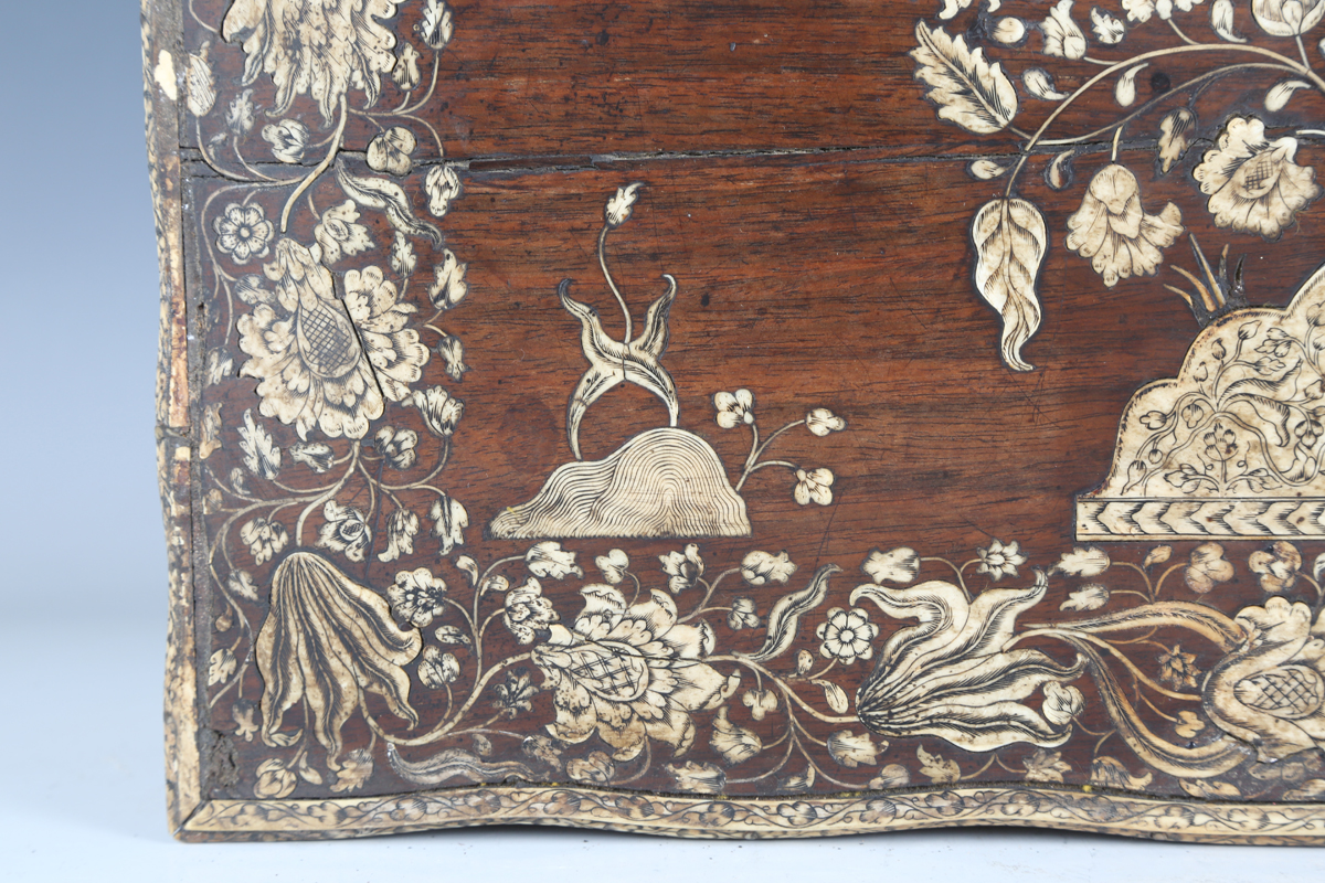 A late 18th century Indo-Portuguese hardwood and ivory inlaid workbox, the serpentine shaped lid - Image 6 of 16