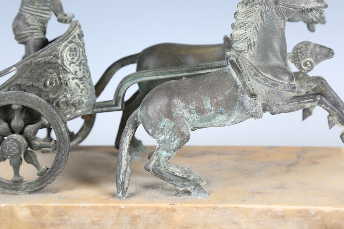 A late 19th century patinated cast bronze model depicting a Roman horse-drawn chariot above a - Image 5 of 17
